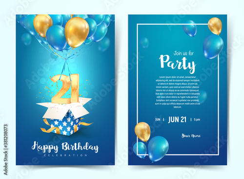 Celebration of 21 th years birthday vector invitation card. Twenty one years anniversary celebration brochure. Template of invitational for print on blue background