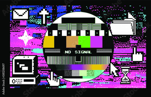 Glitch datamoshing camera effect. Retro VHS background like in old video tape rewind or no signal TV screen. Vaporwave and retrowave style vector illustration.