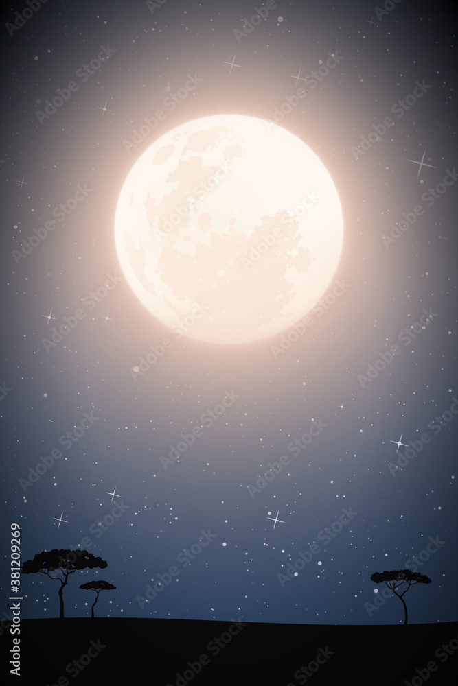 Landscape with savannah trees on moonlight night. Navy blue mysterious background with full moon in starry sky. Vertical vector illustration for use in polygraphy, textile, decor