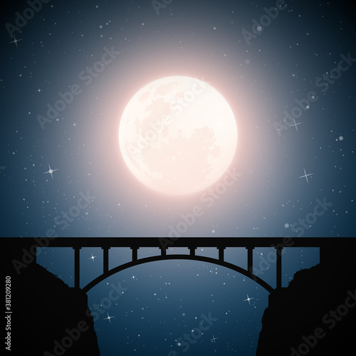 Landscape with bridge on moonlight night. Navy blue mysterious background with full moon in starry sky. Square vector illustration for use in polygraphy, textile, design, interior decor