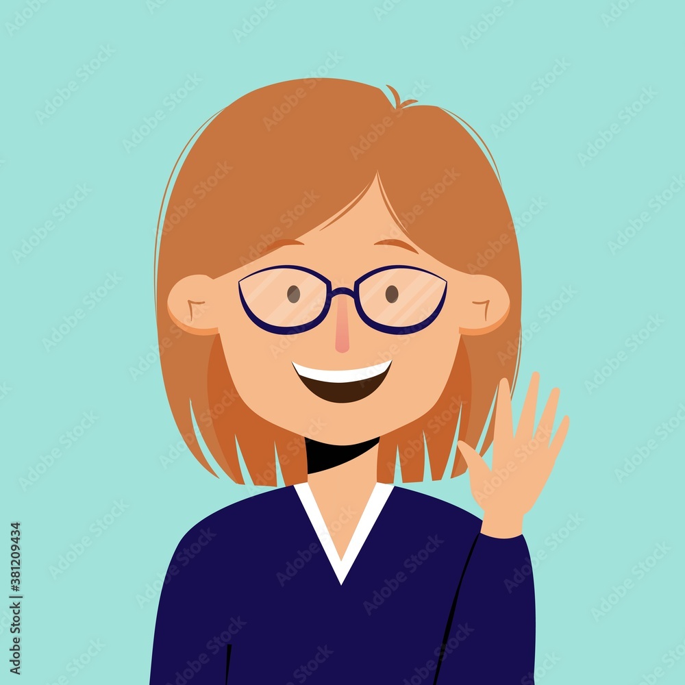 Avatar portrait of a young woman with glasses waving a hand. Vector illustration in flat style Avatar portrait of a young woman with glasses waving a hand. Vector illustration in flat style