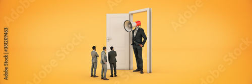 Foto businessman with a megaphone instead of his head at the entrance of a door