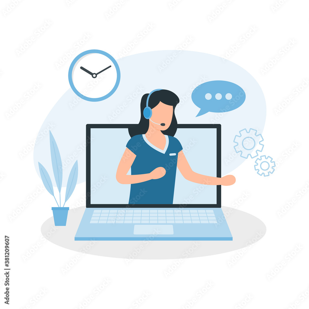 Operator on computer screen with headphones and microphone. Customer support center. Operator on computer screen with headphones and microphone. Customer support center.