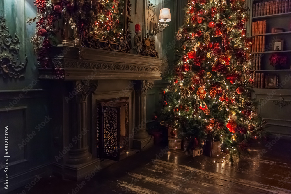 custom made wallpaper toronto digitalClassic christmas New Year decorated interior room New year tree with silver and red ornament decorations