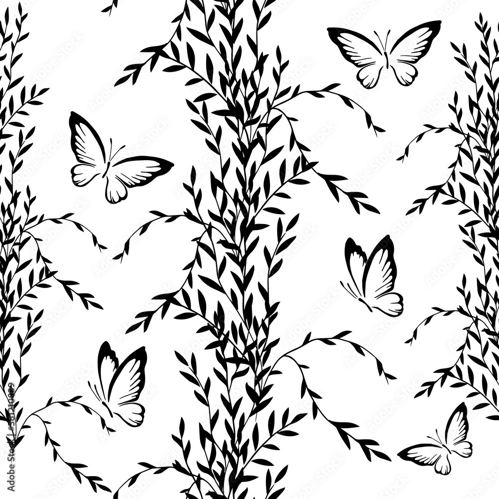 Fototapeta premium Seamless monochrome floral background with butterflies. Vector illustration
