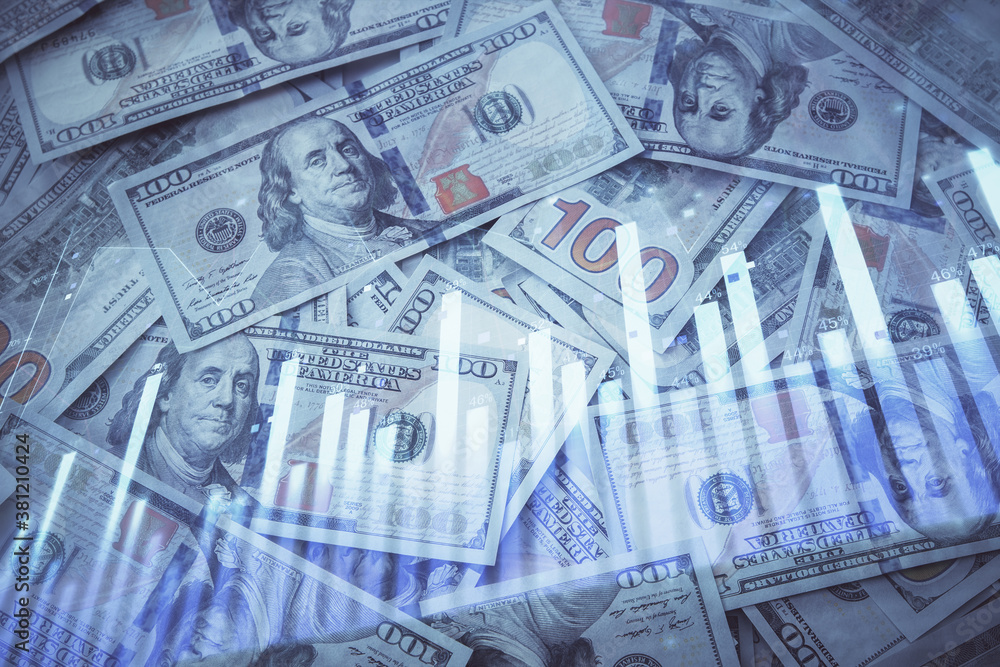 Double exposure of forex graph drawing over us dollars bill background. Concept of financial markets. Double exposure of forex graph drawing over us dollars bill background. Concept of financial markets.