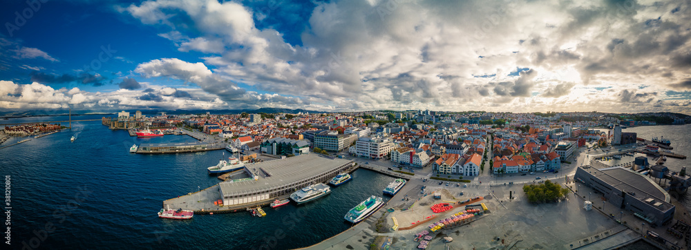 Obraz premium Aerial drone panoramic view of Stavanger city center