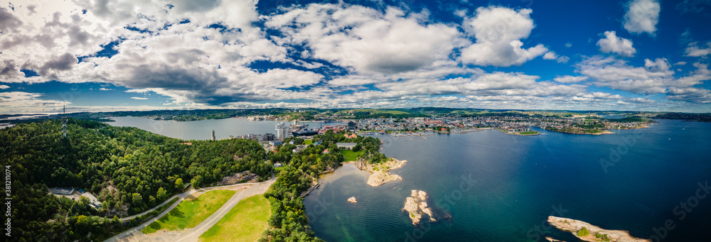 Drone view of Kristiansand and Kvadraturen from Oderoya, Norway