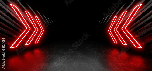 Fototapeta Naklejka Na Ścianę i Meble -  A dark corridor lit by colorful neon lights. Reflections on the floor and walls. 3d rendering image.