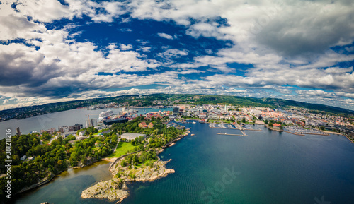 Fototapeta Naklejka Na Ścianę i Meble -  Drone view of Kristiansand and Kvadraturen from Oderoya, Norway