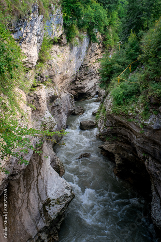 Rough river Belaya in Khadzhokhsky gorge, summer. Russia , the Republic of Adygea .
