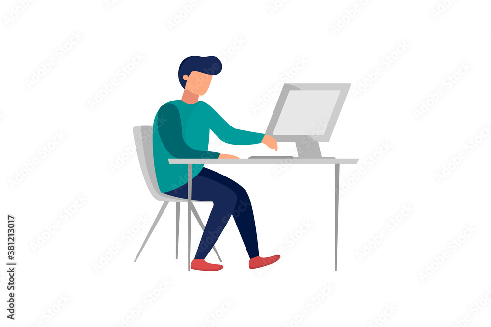 Sitting Man Working On Laptop - Stock Vector Illustration