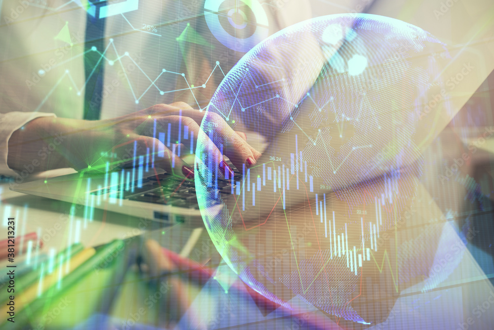 Double exposure of woman hands typing on computer and financial graph hologram drawing. Stock market analysis concept. Double exposure of woman hands typing on computer and financial graph hologram drawing. Stock market analysis concept.