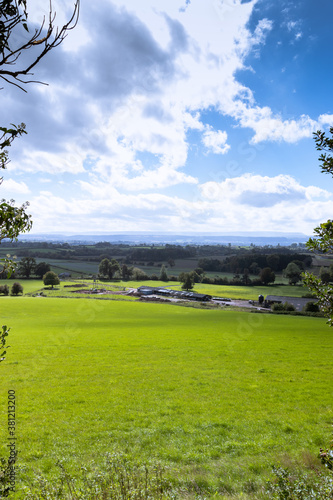 A sunny portrait view over countryside fields 