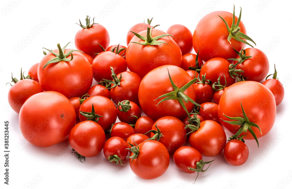 Tomatoes with sepals of different sizes on a white background