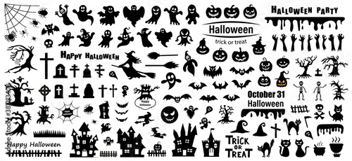 Set of silhouettes of Halloween on a white background. Vector illustration..