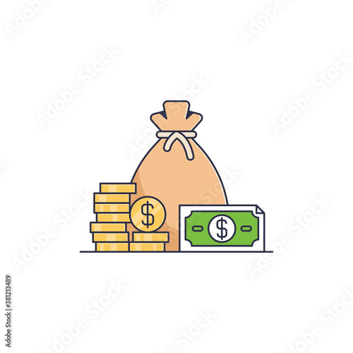 Money bag bill currency stack of coins icons. Stroke vector illustration