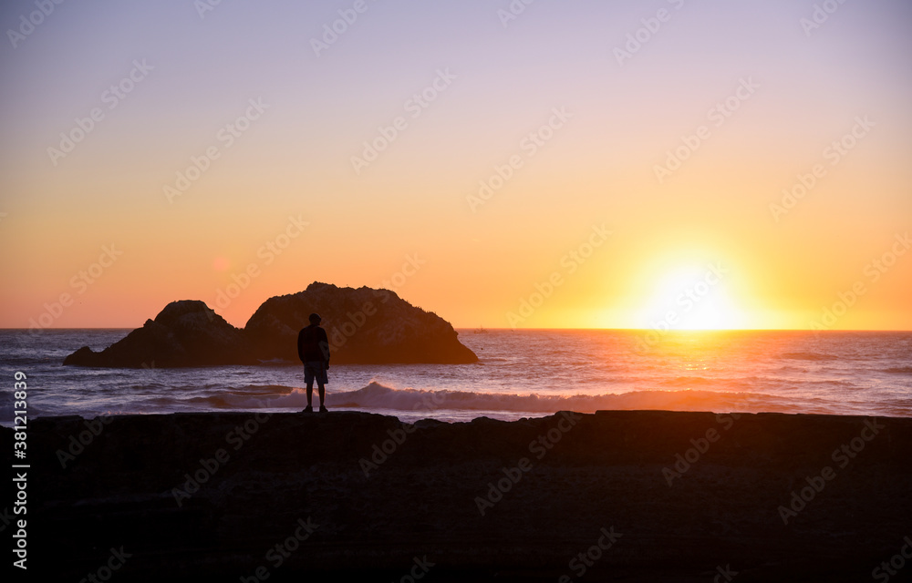 Sunset at the historical landmark Sutro Baths in San Francisco on the north side of Ocean Beach. And it's the trail head of Lands End.