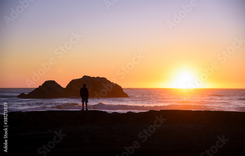 Sunset at the historical landmark Sutro Baths in San Francisco on the north side of Ocean Beach. And it's the trail head of Lands End.
