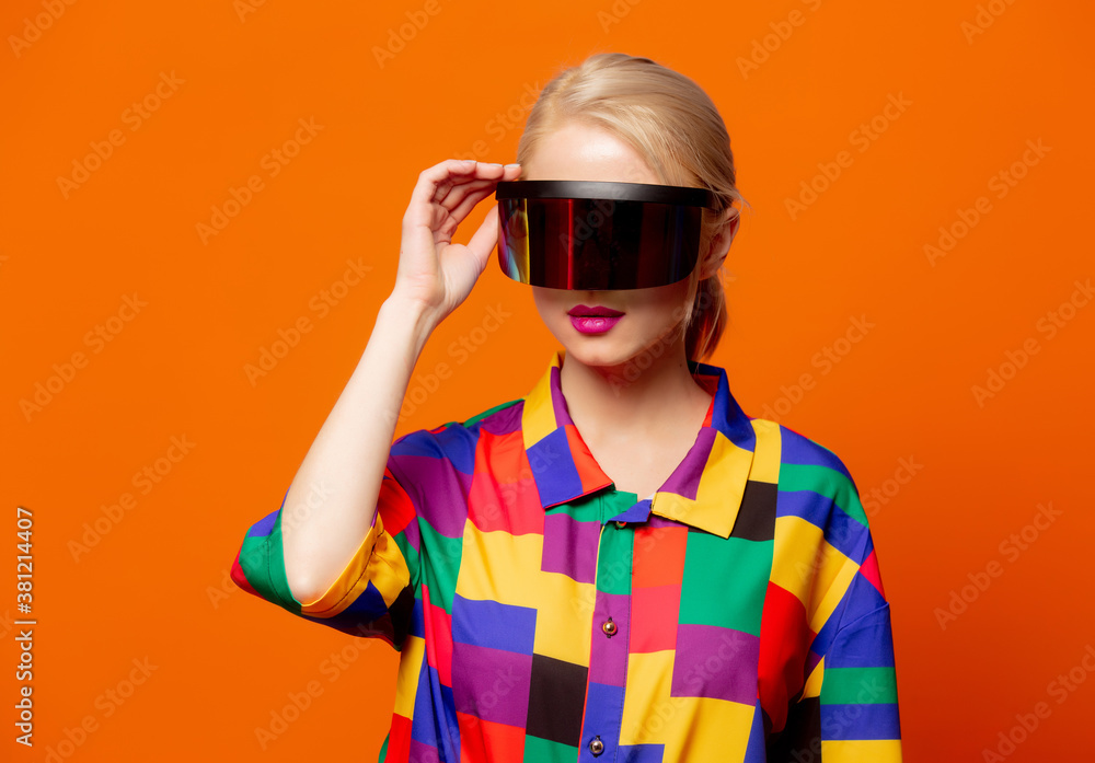 Style blonde in 90s clothes VR glasses Style blonde in 90s clothes VR glasses
