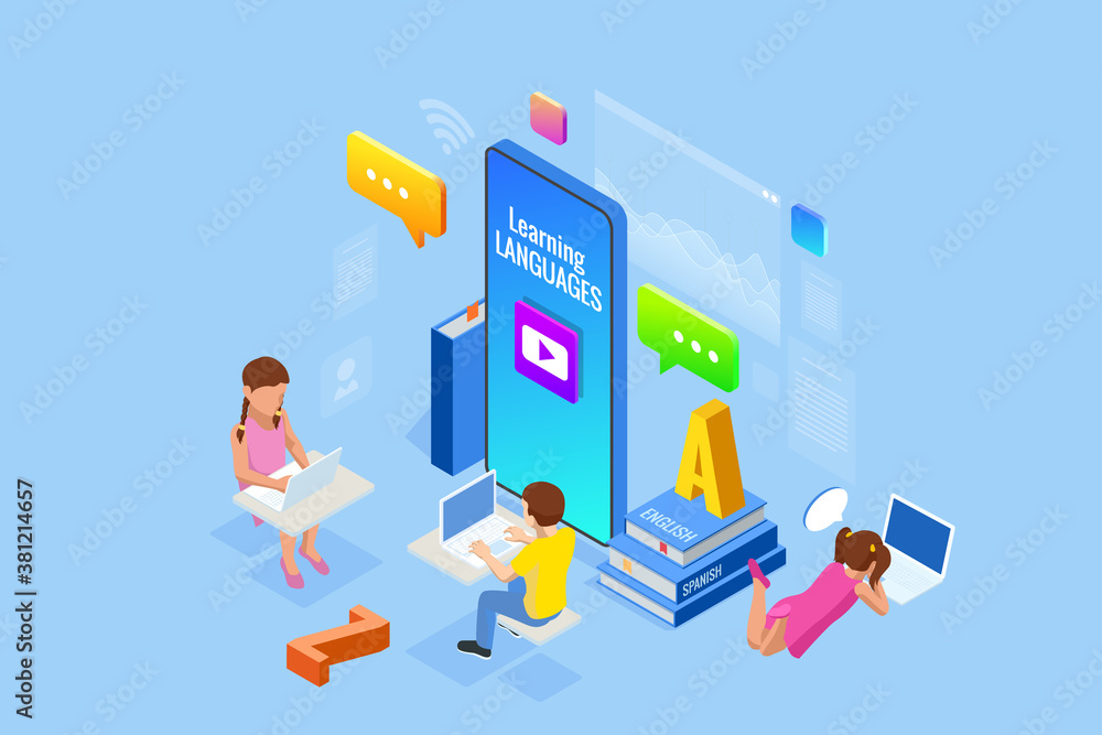 E-learning, Online Education at Home. Isometric concept for Digital Reading, E-classroom Textbook, Modern Education, Online Training and Course, Audio Tutorial, Distance Education, Ebook and Students E-learning, Online Education at Home. Isometric concept for Digital Reading, E-classroom Textbook, Modern Education, Online Training and Course, Audio Tutorial, Distance Education, Ebook and Students