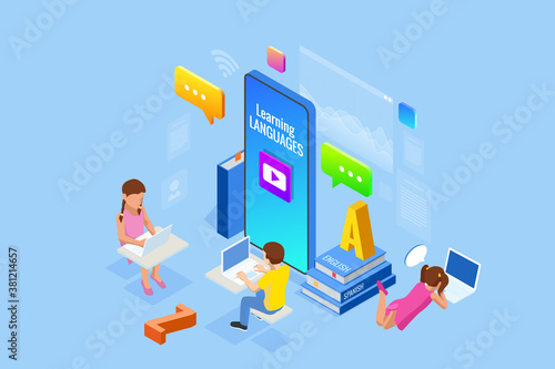 E-learning, Online Education at Home. Isometric concept for Digital Reading, E-classroom Textbook, Modern Education, Online Training and Course, Audio Tutorial, Distance Education, Ebook and Students