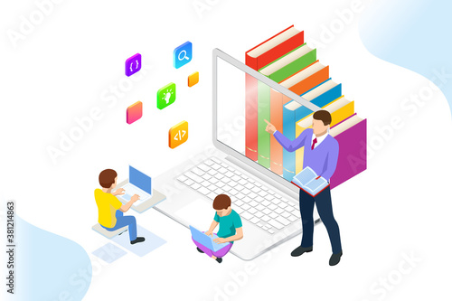 E-learning, Online Education at Home. Isometric concept for Digital Reading, E-classroom Textbook, Modern Education, Online Training and Course, Audio Tutorial, Distance Education, Ebook and Students