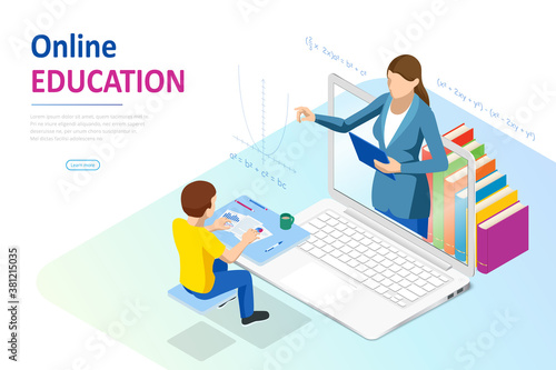 E-learning, Online Education at Home. Isometric concept for Digital Reading, E-classroom Textbook, Modern Education, Online Training and Course, Audio Tutorial, Distance Education, Ebook and Students
