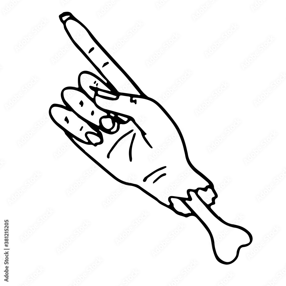 Halloween zombie hand on white isolated backdrop. Point finger symbol for invitation or gift card, notebook, bath tile, scrapbook. Phone case or cloth print art. Doodle style stock vector illustration Halloween zombie hand on white isolated backdrop. Point finger symbol for invitation or gift card, notebook, bath tile, scrapbook. Phone case or cloth print art. Doodle style stock vector illustration