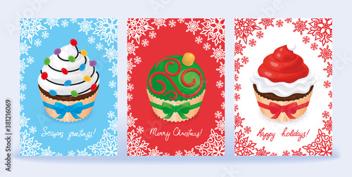 SET OF CHRISTMAS CARD WITH WISHES AND CUPCAKES, DECORATED WITH FIGURES OF SNOWMAN, GINGERBREAD HOUSE, GINGERBREAD MAN, CREAM, BERRIES. VECTOR ILLUSTRATION IN CARTOON STYLE, POSTER, BANNER, INVITATION