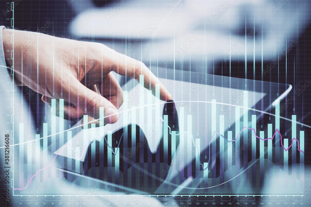 Multi exposure of man's hands holding and using a phone and financial chart drawing. Market analysis concept. Multi exposure of man's hands holding and using a phone and financial chart drawing. Market analysis concept.