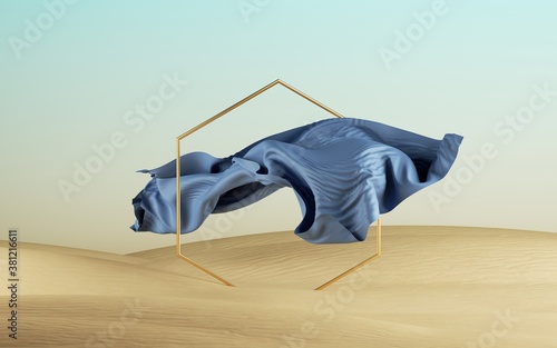 3d render, abstract modern minimal fashion background with falling textile cloth and hexagon on a desert landscape, blue drapery flies above the sand dunes, silk fabric levitates above the ground photo