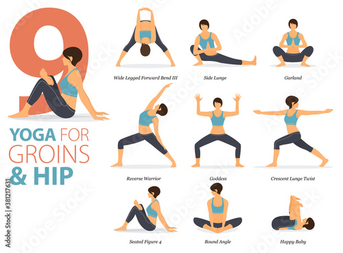 9 Yoga poses or asana posture for workout in Groins and Hip concept. Women exercising for body stretching. Fitness infographic. Flat cartoon vector.