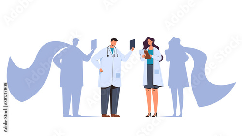 Doctors medicine workers super hero. Vector flat graphic design illustration