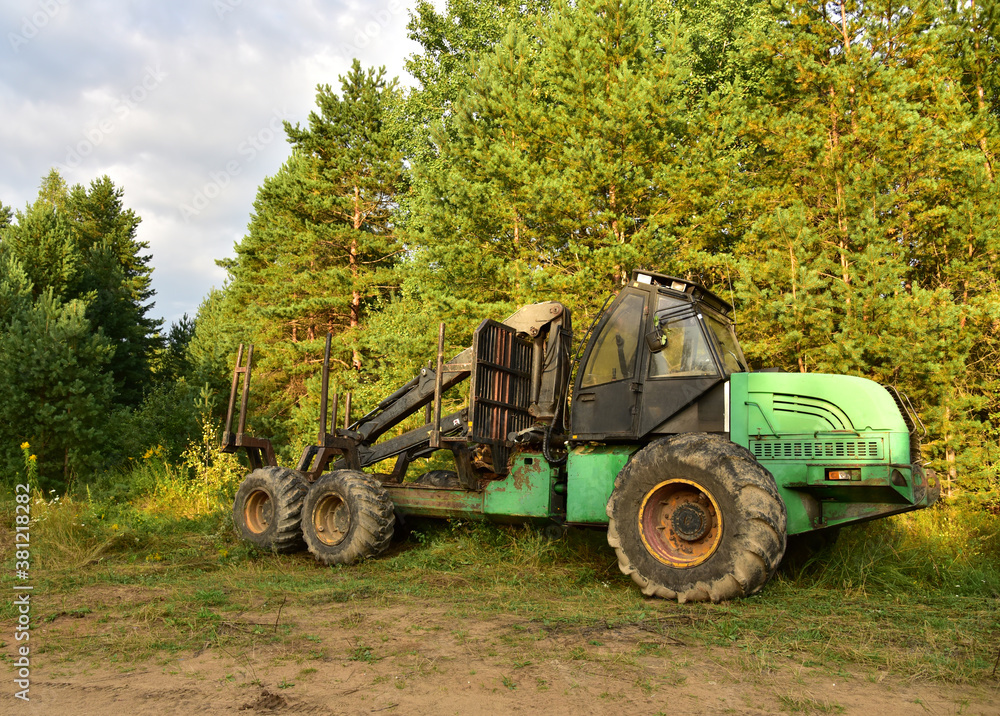 Crane forwarder machines at during clearing of a plantation. Wheeled harvester transports raw timber from the felling site out to a road for collection by a truck. Harvesters, forest Logging machines Crane forwarder machines at during clearing of a plantation. Wheeled harvester transports raw timber from the felling site out to a road for collection by a truck. Harvesters, forest Logging machines