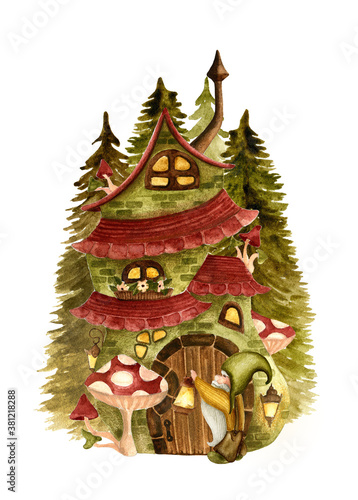 Watercolor gnome and house. Hand drawn illustration © JuliaBadeeva