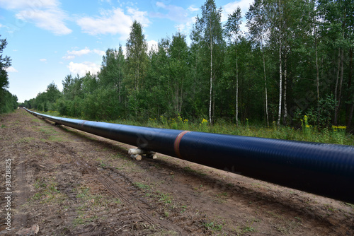 Natural gas pipeline construction work in forest area. Installation of  gas and crude oil pipes. Pipe on top of wooden supports at construction site. Construction of gas pipes to new LNG plant photo