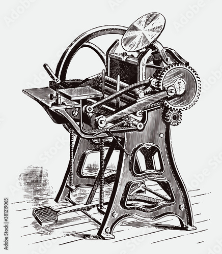 Vintage foot-treadle platen printing press in three quarter view