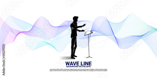 Vector silhouette of conductor standing with sound wave . Concept background for orchestra concert and recreation.