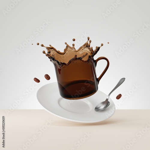 3d render, falling cup of black coffee or tea with silver spoon and porcelain saucer. Brown liquid splash, splashing drink, clip art isolated on white background