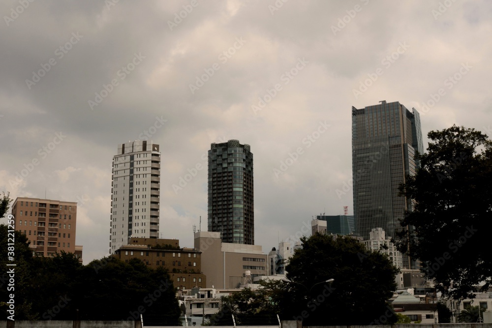 雨雲漂うどんよりした空と大都会にそびえるビル群