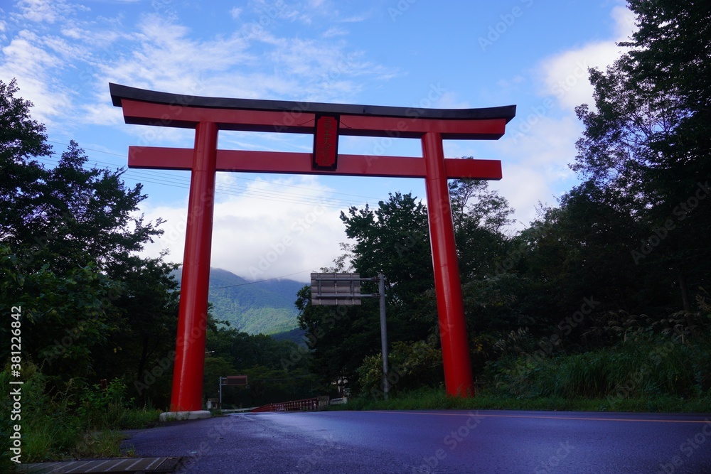蔵王エコーライン入口、蔵王大権現大鳥居/Shrine gate of Zao Echo Line in Japan 蔵王エコーライン入口、蔵王大権現大鳥居/Shrine gate of Zao Echo Line in Japan