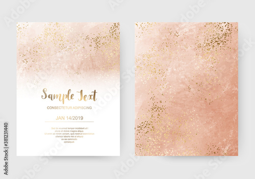 Luxury coral acrylic celebration invitation cards with gold sparkle splatter texture.