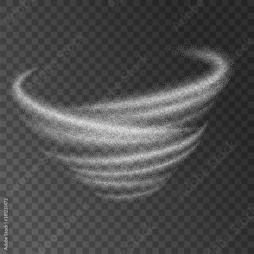 Abstract white tornado, typhoon and hurricane isolated on a transparent background. Vortex of particles and dust. Dynamic rotation effect. Vector illustration