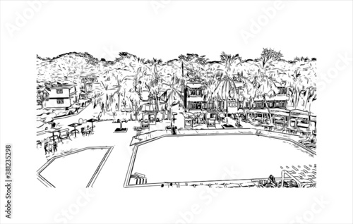 Building view with landmark of Bayamo is the capital city of the Granma Province of Cuba. Hand drawn sketch illustration in vector.