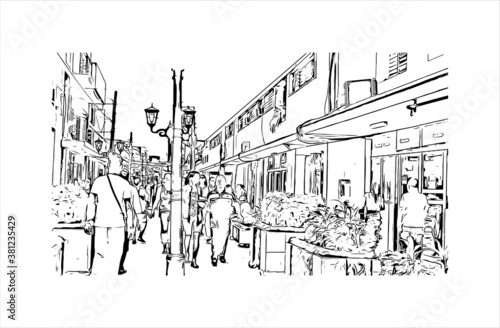 Building view with landmark of Bayamo is the capital city of the Granma Province of Cuba. Hand drawn sketch illustration in vector.