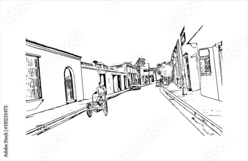 Building view with landmark of Bayamo is the capital city of the Granma Province of Cuba. Hand drawn sketch illustration in vector.