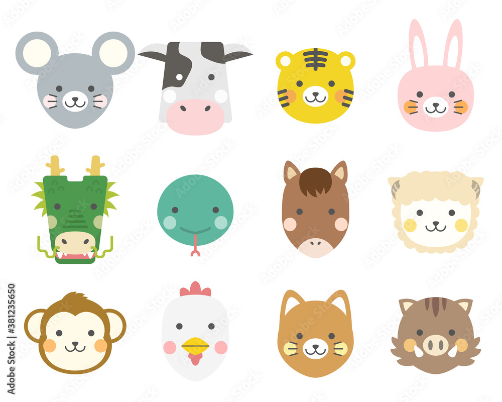 十二支の動物アイコン。干支の動物アイコン。動物　顔　アイコン。
Zodiac animals. Animal icon set. Animal face icon.
