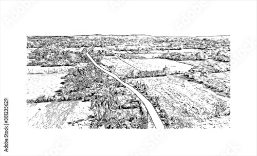Building view with landmark of Bayamo is the capital city of the Granma Province of Cuba. Hand drawn sketch illustration in vector.