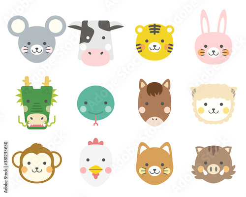 十二支の動物アイコン。干支の動物アイコン。動物 顔 アイコン。 Zodiac animals. Animal icon set. Animal face icon.